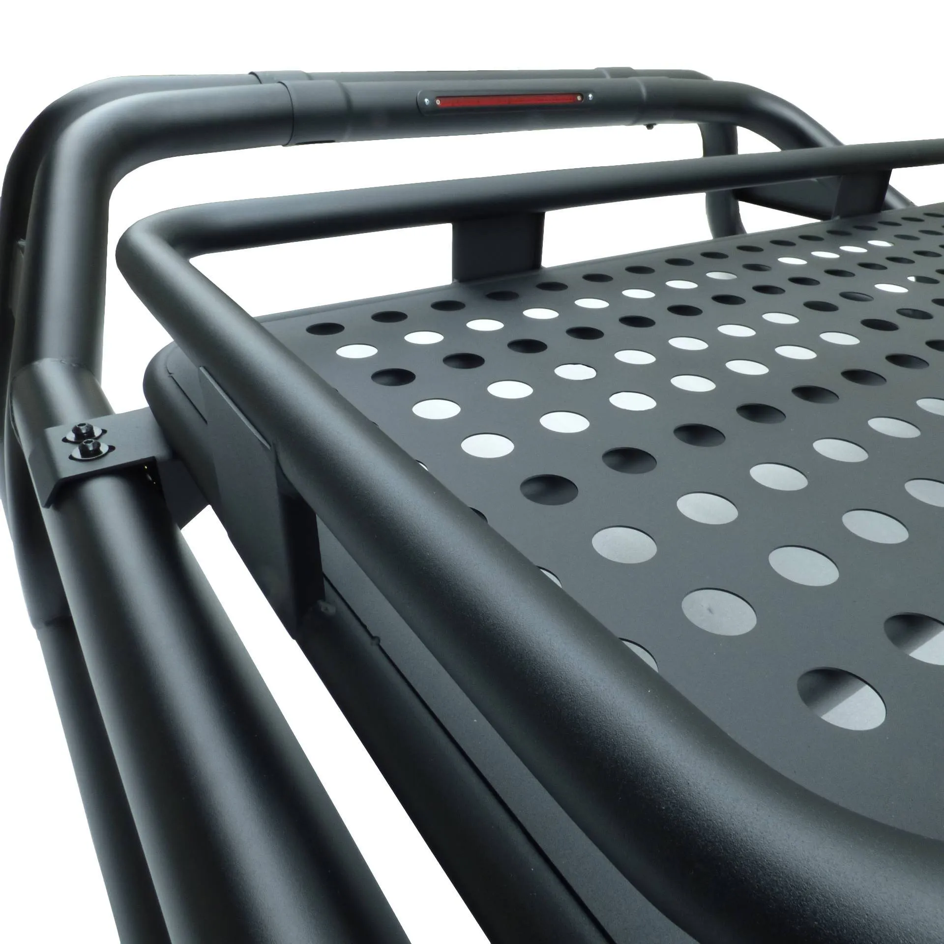 Black Long Arm Roll Bar with Cargo Basket Compatible with the Renault Alaskan