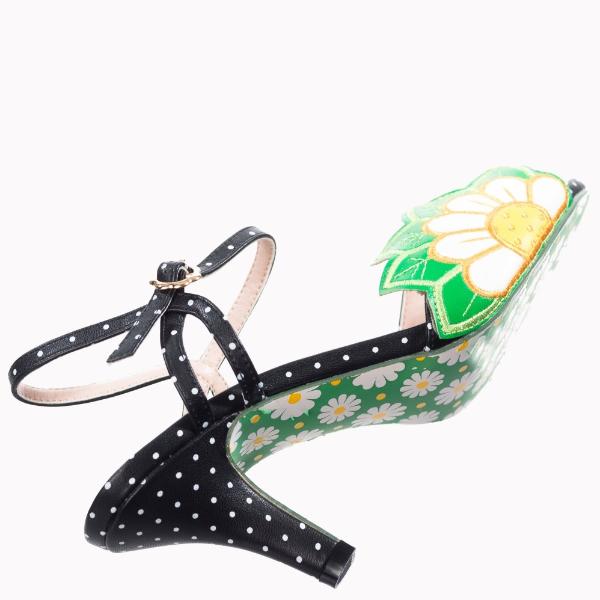 Black Polka Dot Floral Embroidered Open Toe Sandals