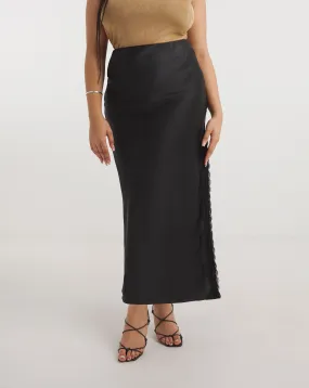 Black Satin Lace Trim Maxi Skirt | Simply Be