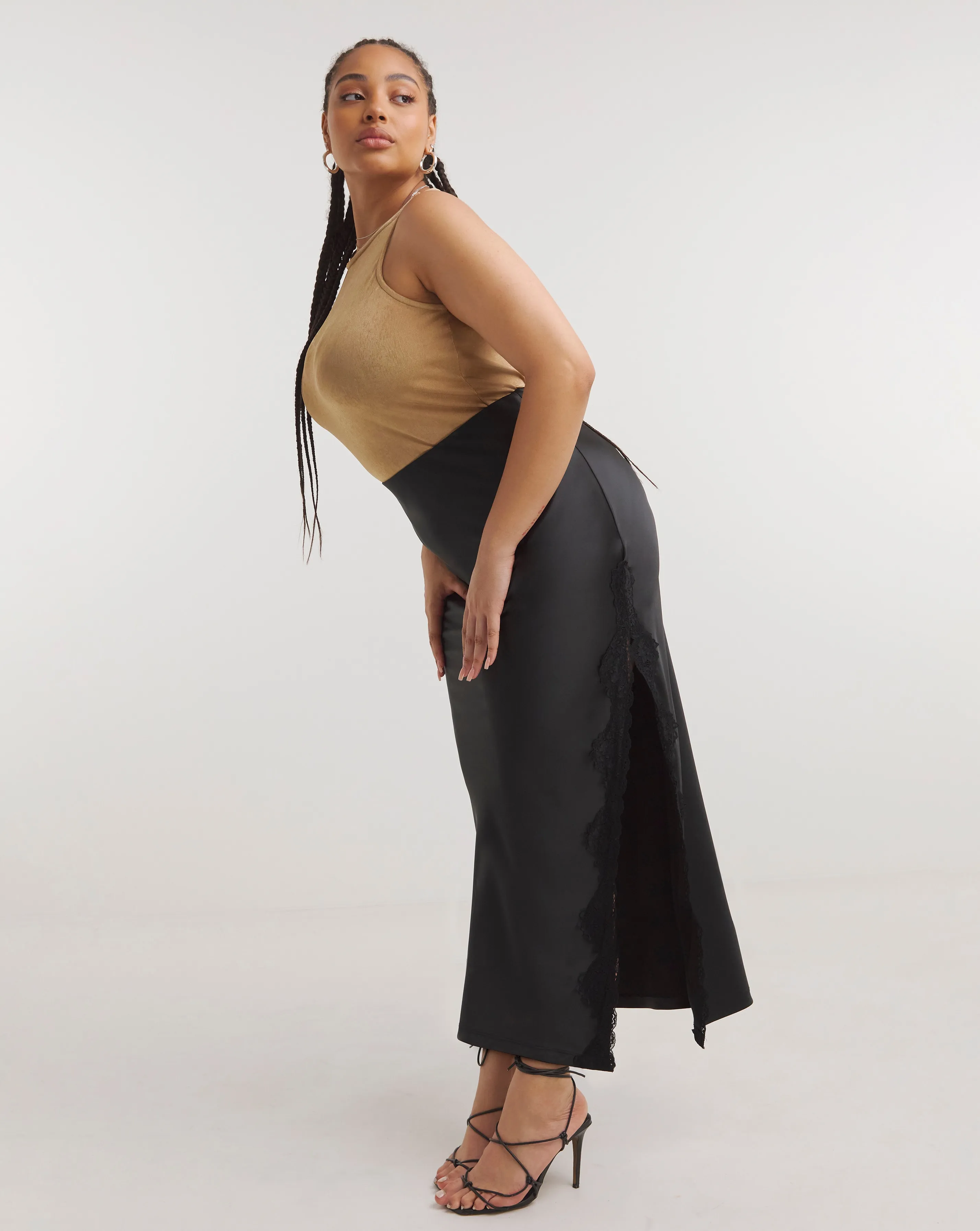 Black Satin Lace Trim Maxi Skirt | Simply Be