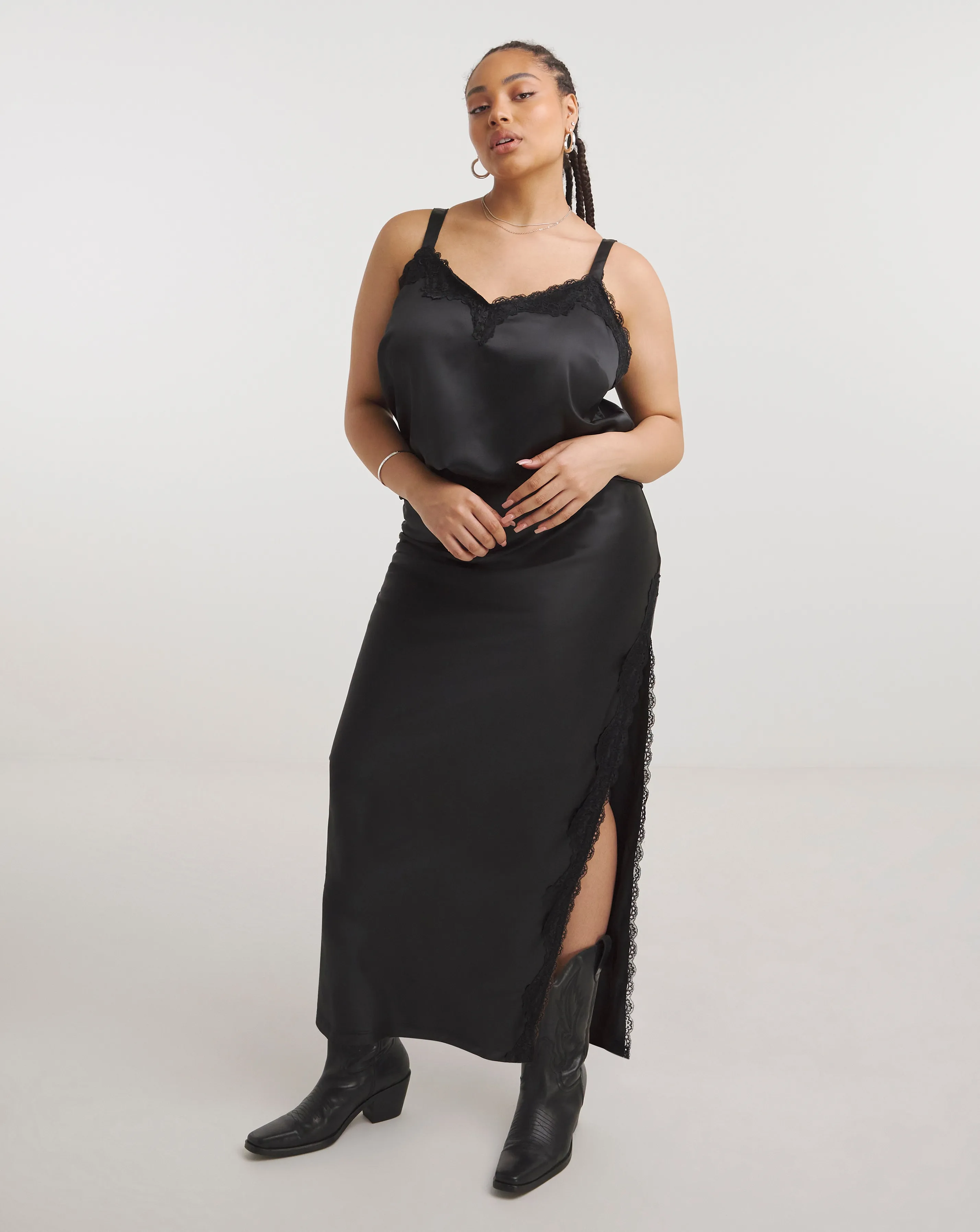 Black Satin Lace Trim Maxi Skirt | Simply Be