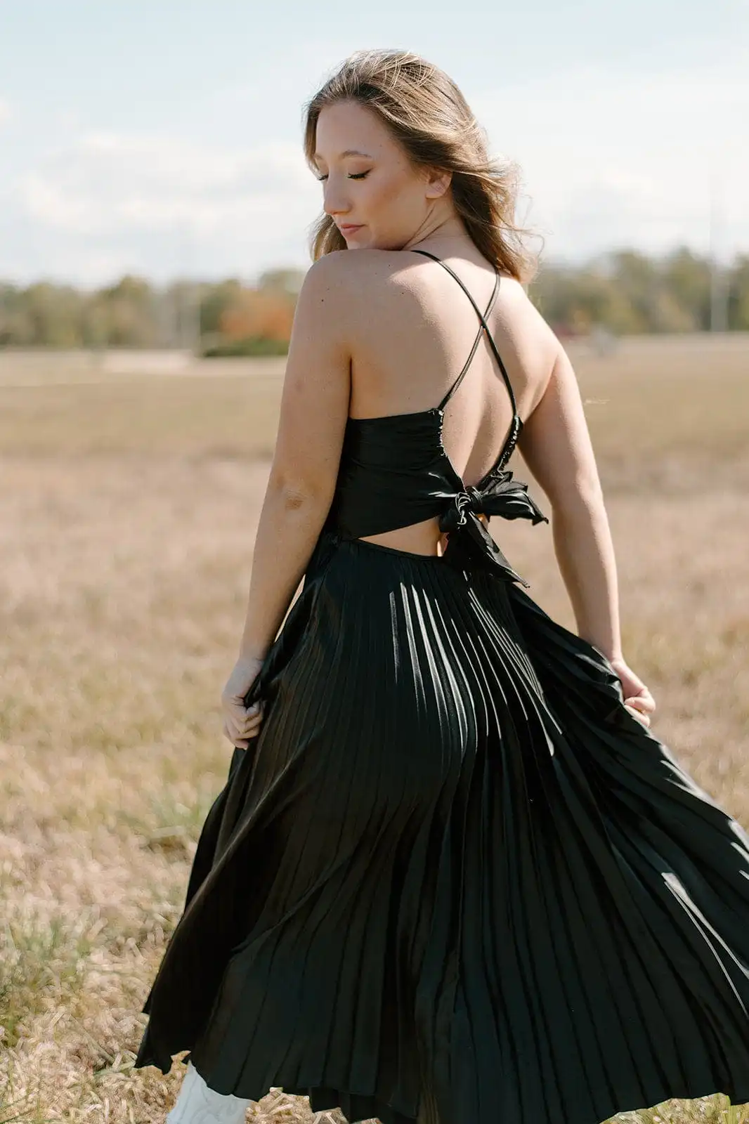 Black Satin Pleated Tie Back Midi