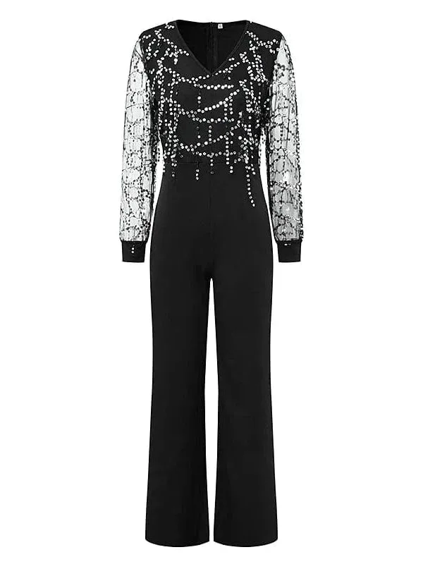 Black V-Neck Sequin Jumpsuit with Long Sleeves for Women