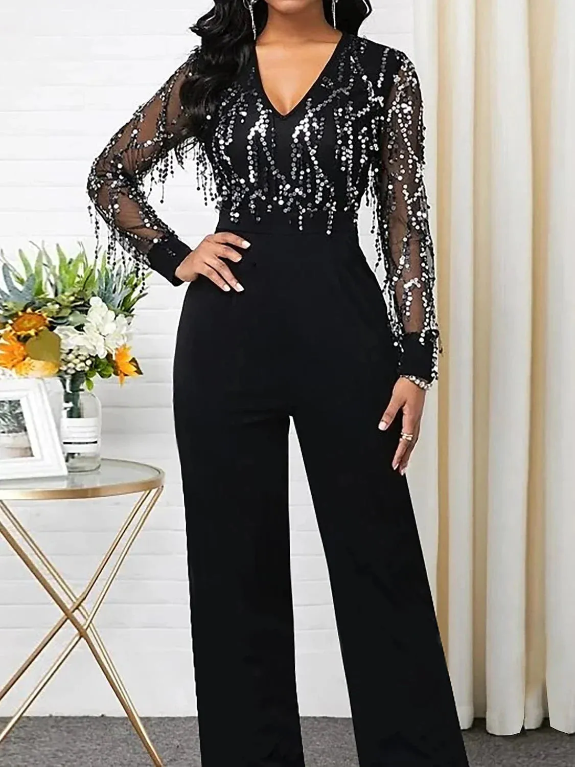 Black V-Neck Sequin Jumpsuit with Long Sleeves for Women