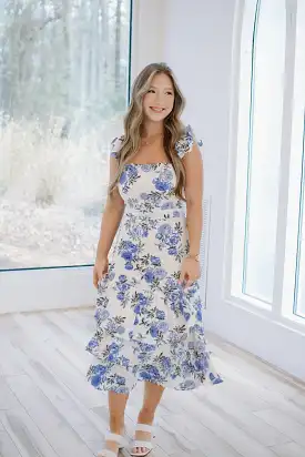 Blue & White Floral Ruffle Tiered Midi Dress