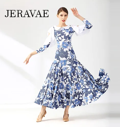 Blue and White Floral Ballroom Practice Dress with Peasant Collar, 3/4 Length Sleeves with Cold Shoulder Cutouts and Ruffle Deta