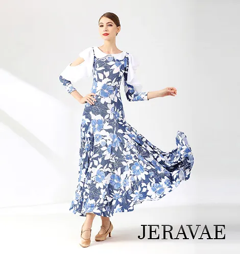 Blue and White Floral Ballroom Practice Dress with Peasant Collar, 3/4 Length Sleeves with Cold Shoulder Cutouts and Ruffle Deta