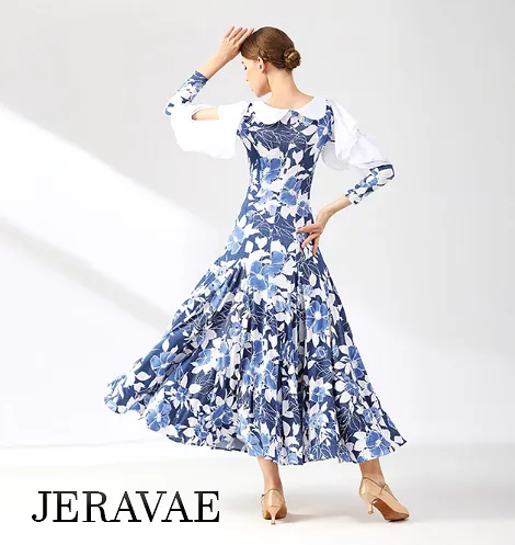 Blue and White Floral Ballroom Practice Dress with Peasant Collar, 3/4 Length Sleeves with Cold Shoulder Cutouts and Ruffle Deta