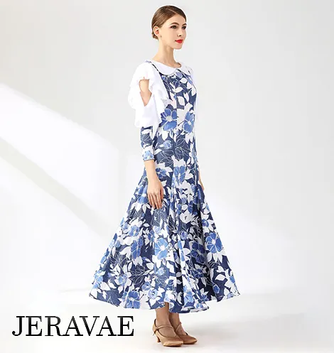 Blue and White Floral Ballroom Practice Dress with Peasant Collar, 3/4 Length Sleeves with Cold Shoulder Cutouts and Ruffle Deta