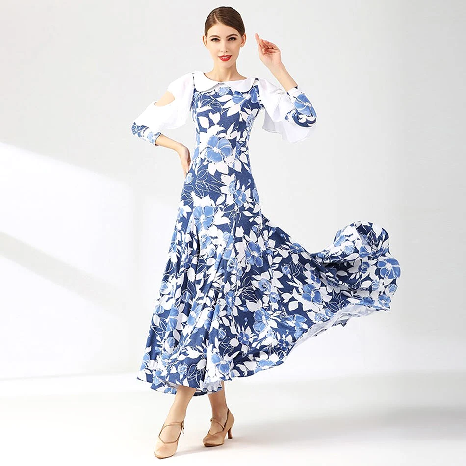 Blue and White Floral Ballroom Practice Dress with Peasant Collar, 3/4 Length Sleeves with Cold Shoulder Cutouts and Ruffle Deta