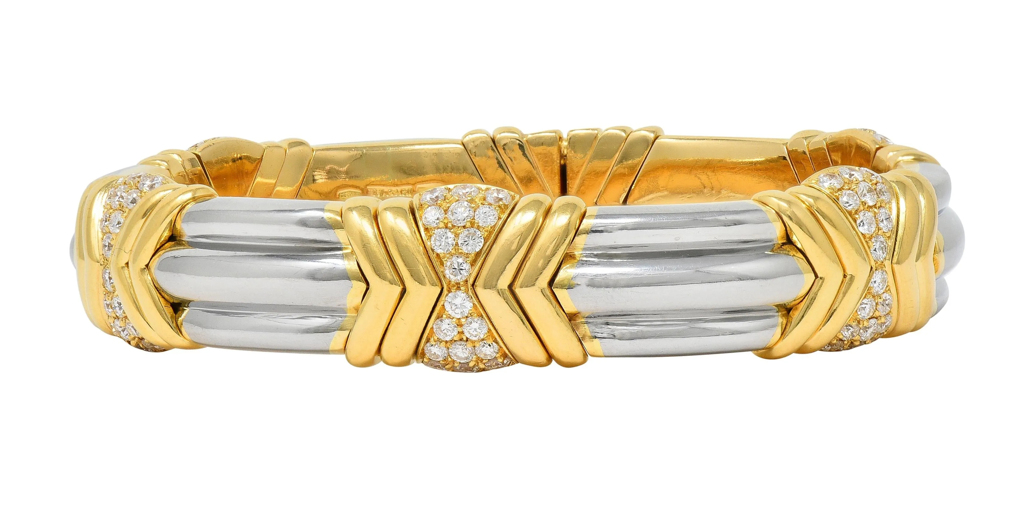 Bulgari 1990s 2.60 CTW Diamond 18 Karat Yellow Gold Stainless Steel Vintage Cuff Bracelet