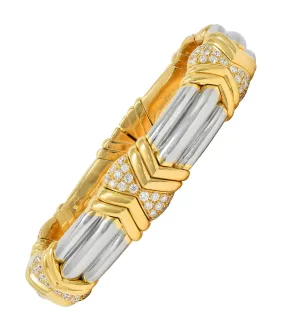 Bulgari 1990s 2.60 CTW Diamond 18 Karat Yellow Gold Stainless Steel Vintage Cuff Bracelet