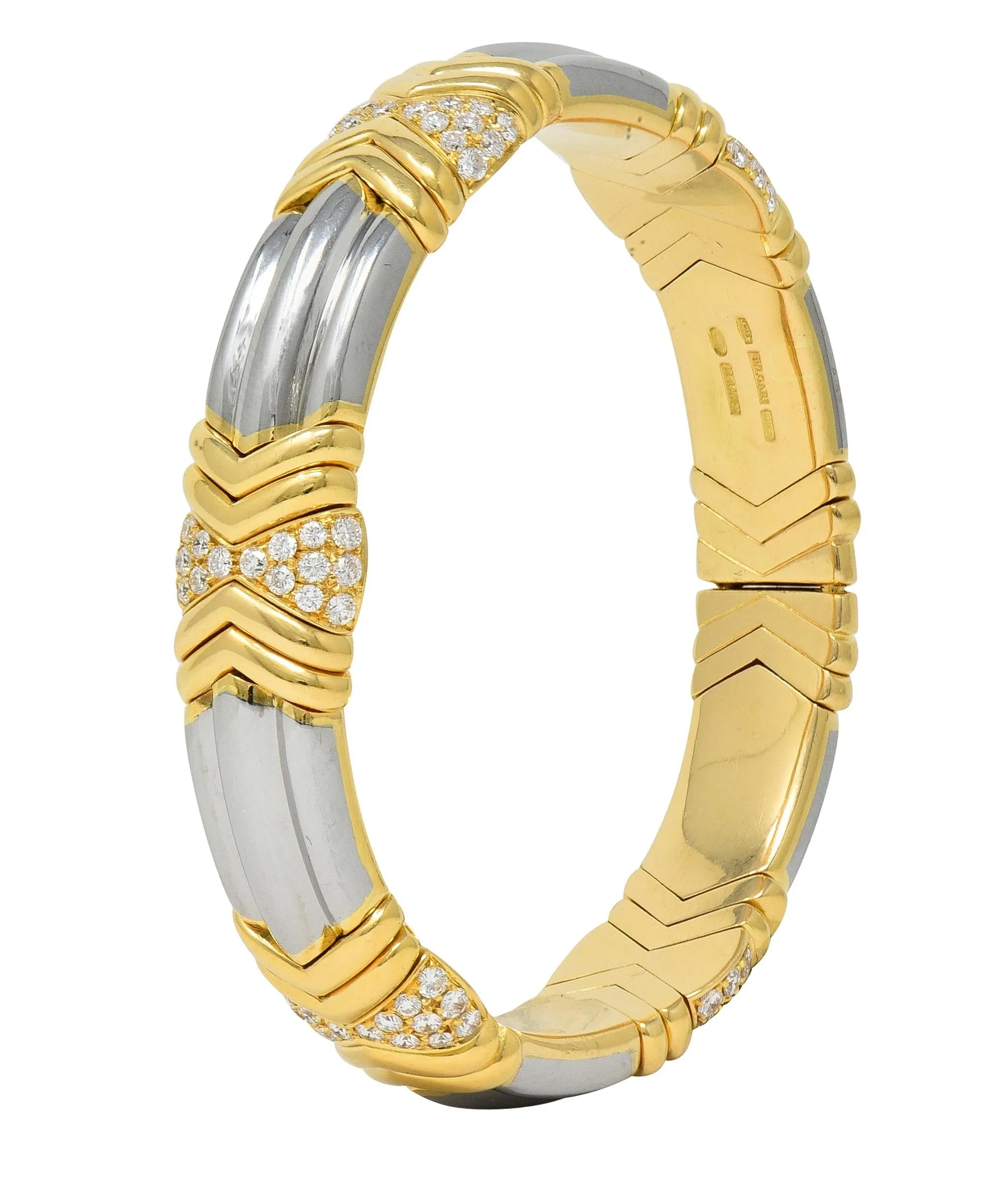 Bulgari 1990s 2.60 CTW Diamond 18 Karat Yellow Gold Stainless Steel Vintage Cuff Bracelet