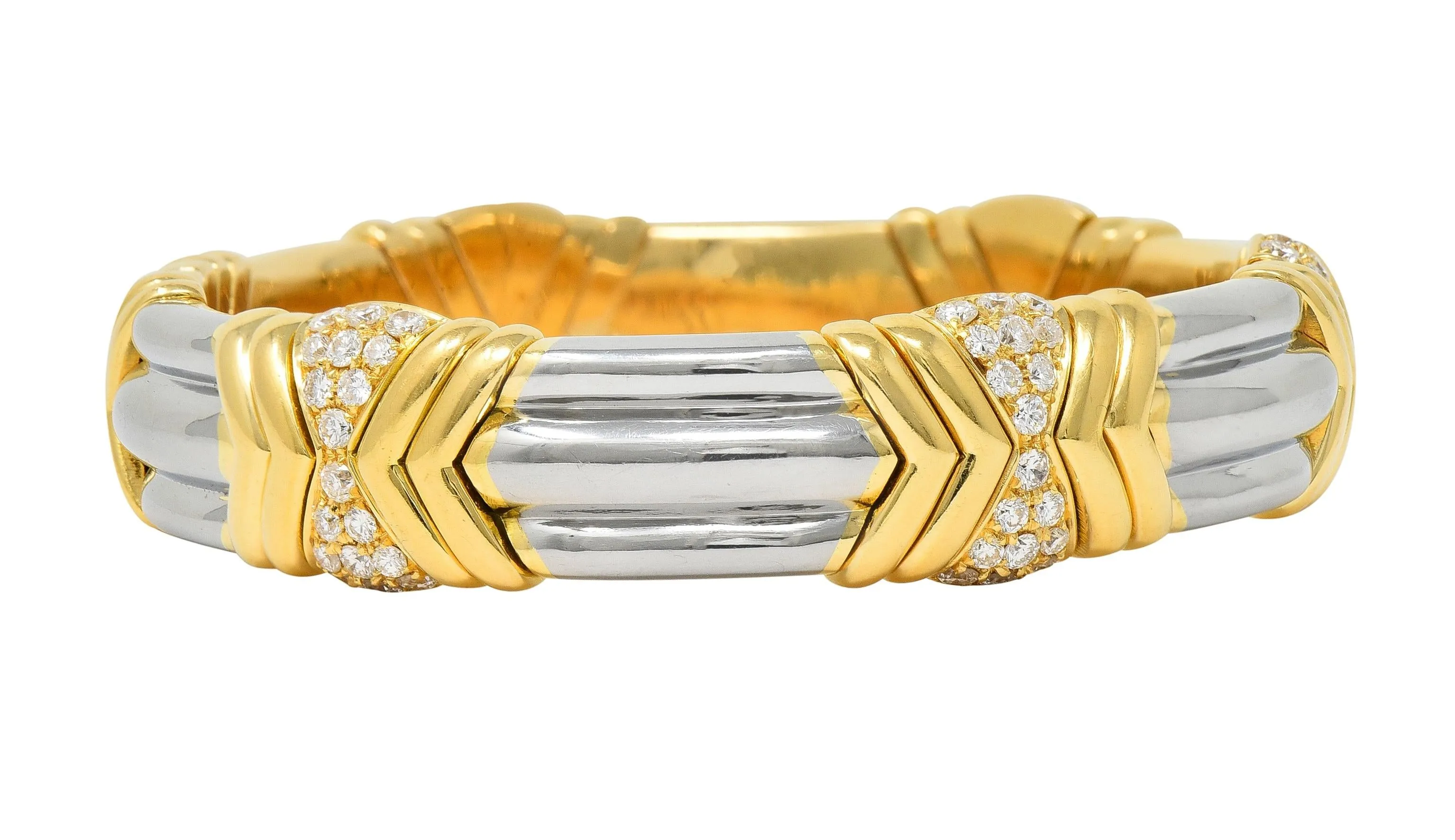 Bulgari 1990s 2.60 CTW Diamond 18 Karat Yellow Gold Stainless Steel Vintage Cuff Bracelet