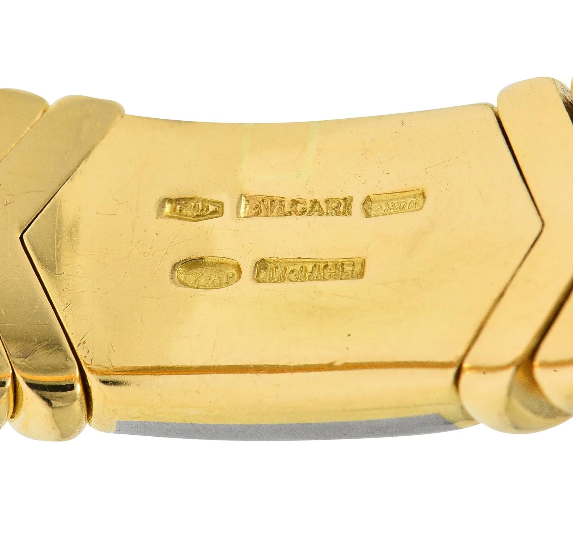 Bulgari 1990s 2.60 CTW Diamond 18 Karat Yellow Gold Stainless Steel Vintage Cuff Bracelet