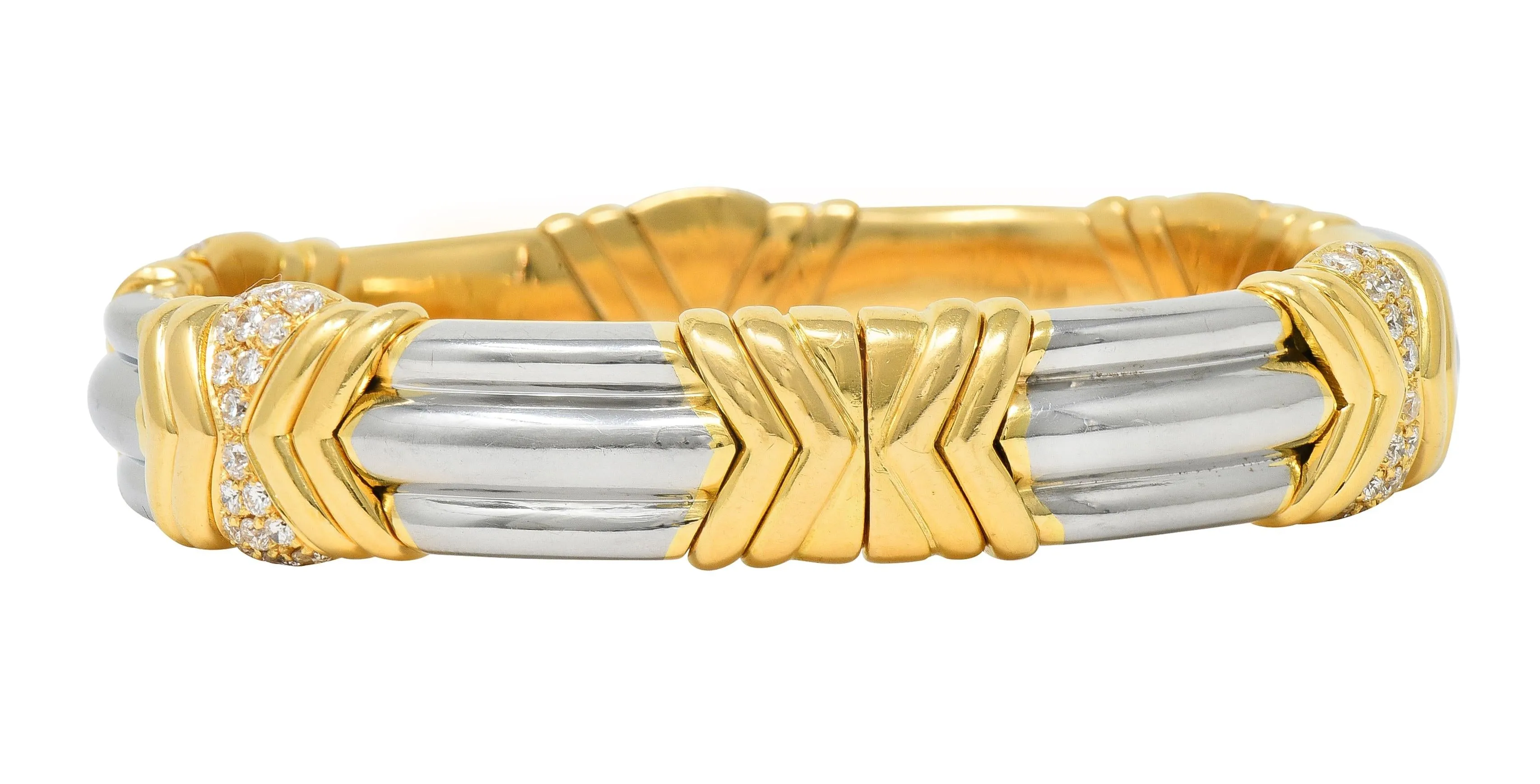 Bulgari 1990s 2.60 CTW Diamond 18 Karat Yellow Gold Stainless Steel Vintage Cuff Bracelet