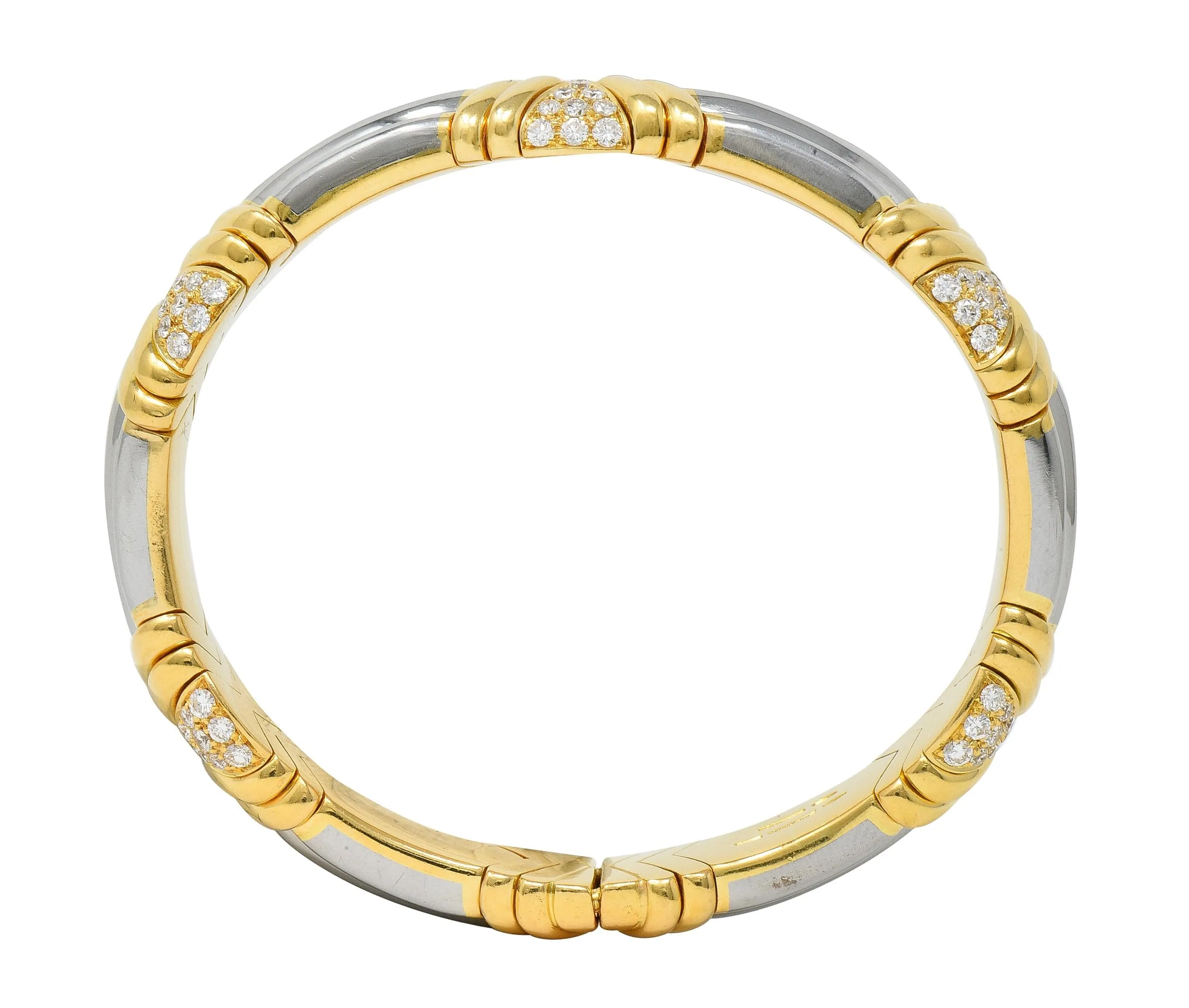 Bulgari 1990s 2.60 CTW Diamond 18 Karat Yellow Gold Stainless Steel Vintage Cuff Bracelet