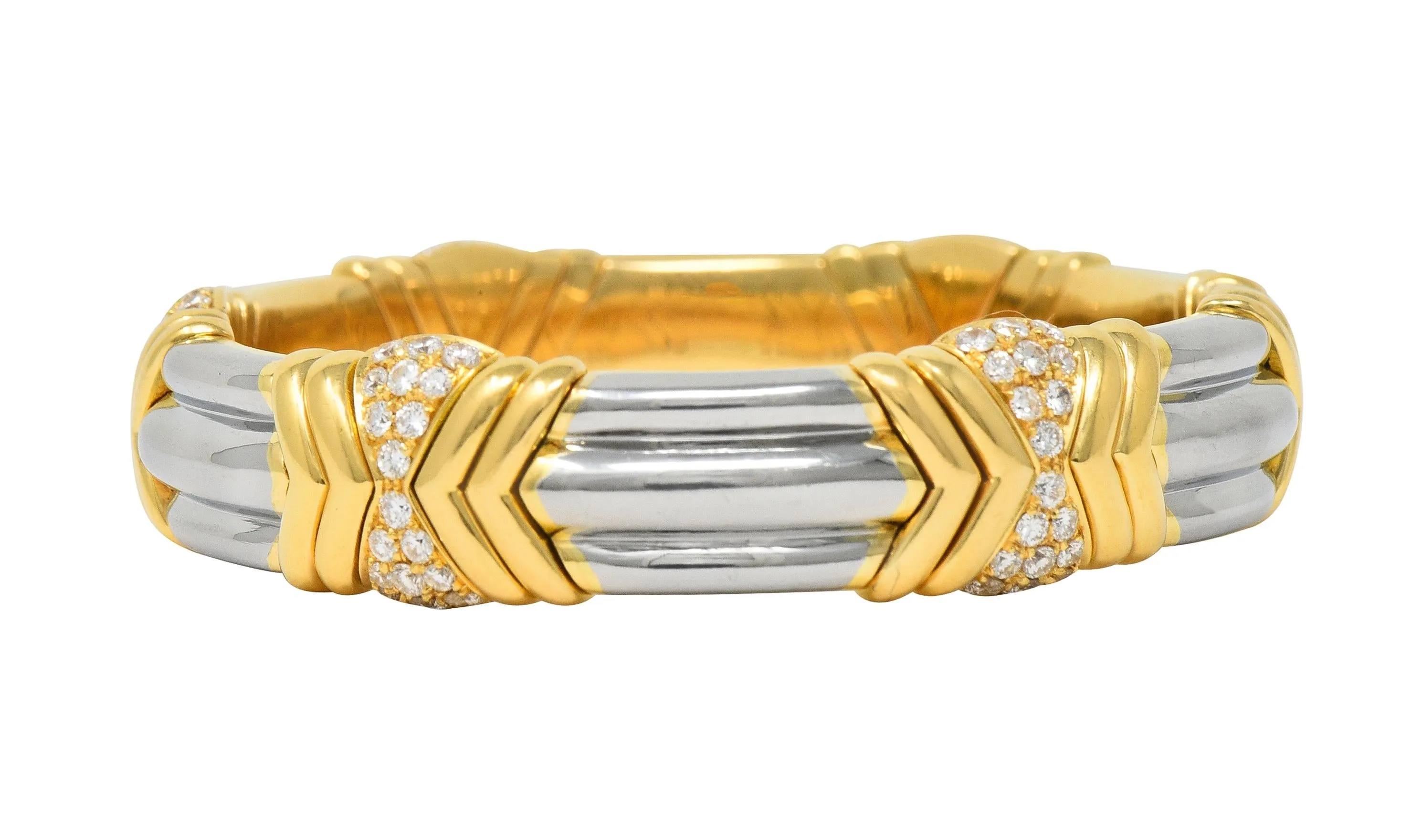 Bulgari 1990s 2.60 CTW Diamond 18 Karat Yellow Gold Stainless Steel Vintage Cuff Bracelet