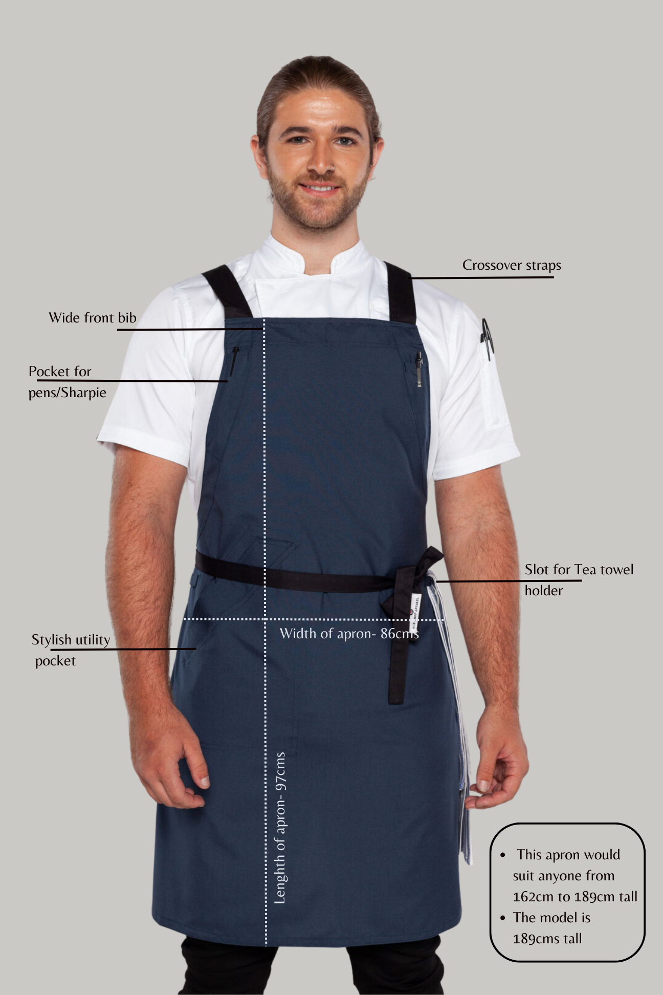 BYRON Crossover Chef apron Bluish grey with black straps