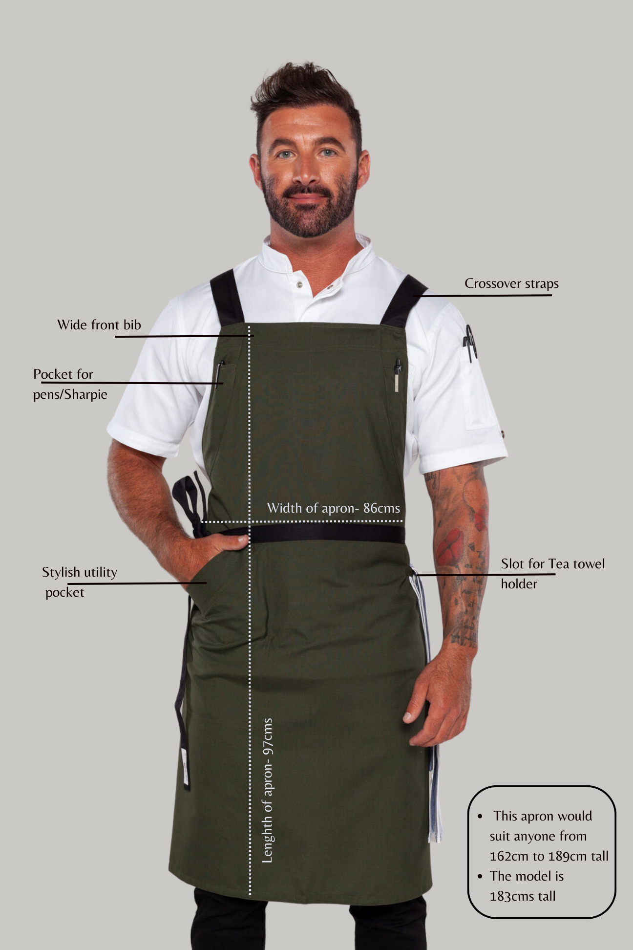 BYRON Crossover Chef apron Dark Green with black straps