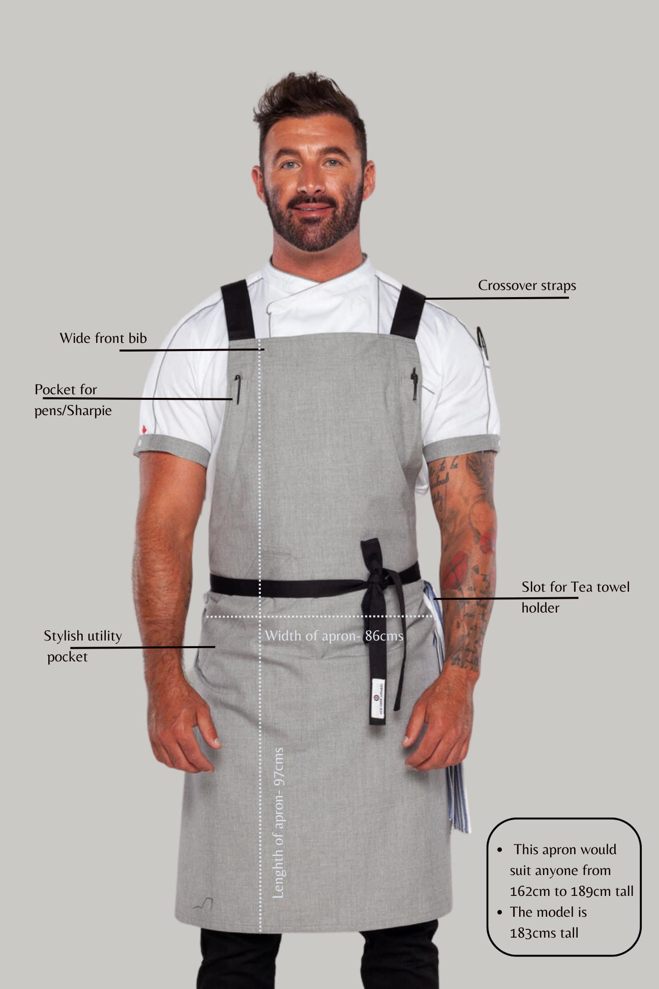 BYRON Crossover Chef apron Steel Grey with black straps