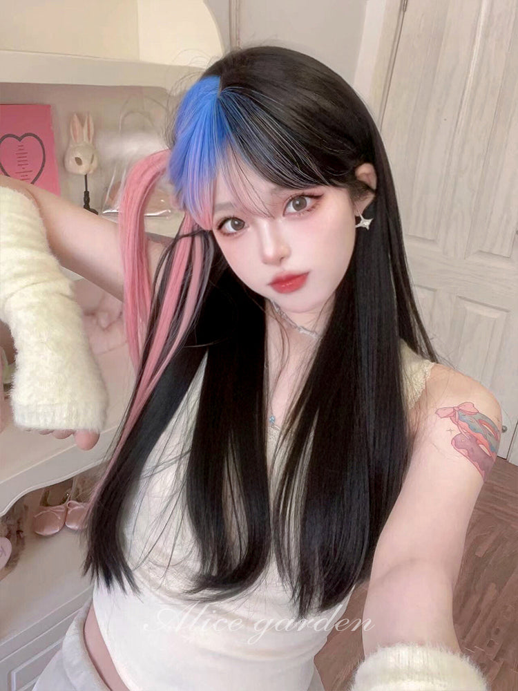 Casual Series Long Black Wig With Pink and Blue ON982