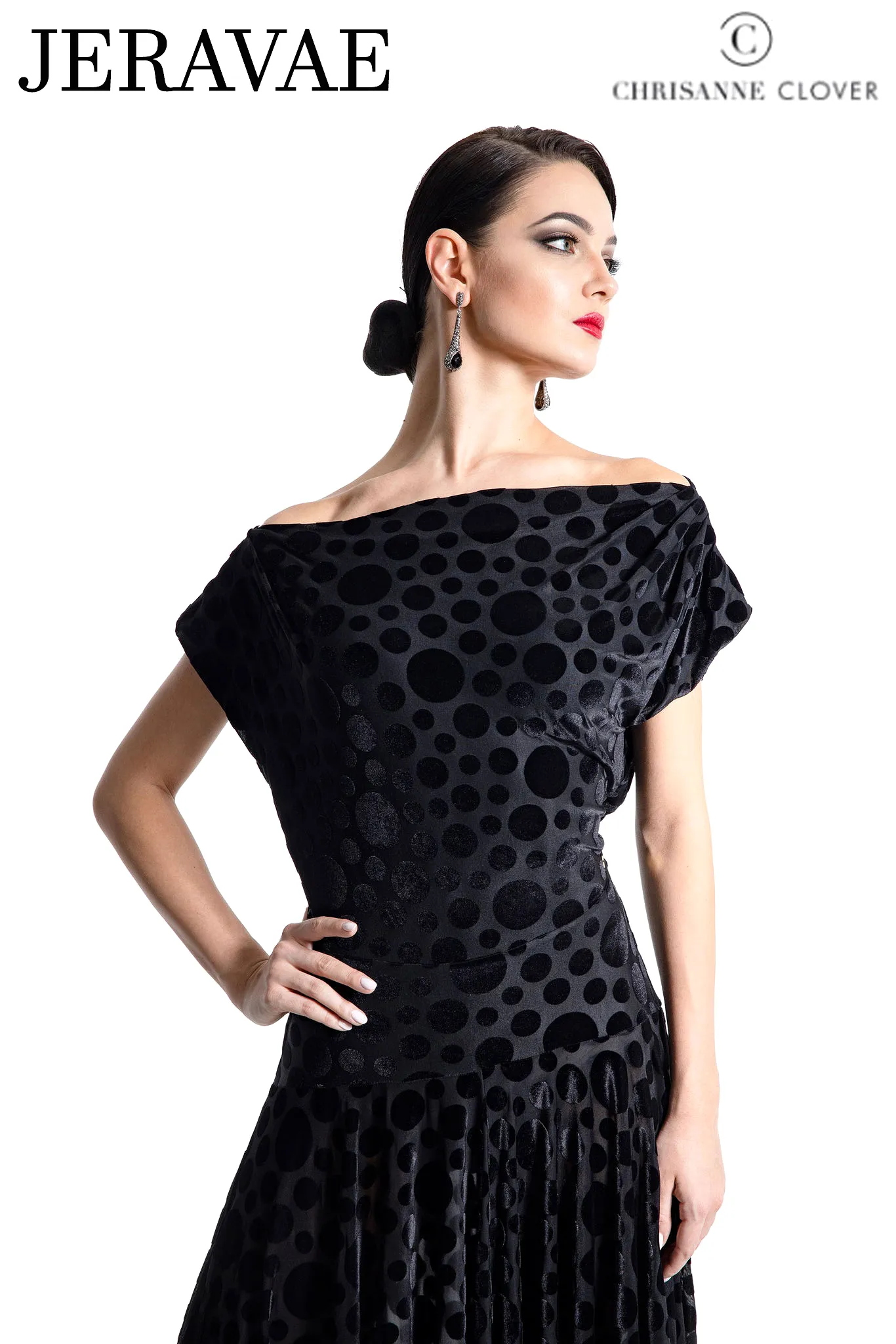 Chrisanne Clover LDR01 Boat Neck Polka Dot Black Ballroom Practice Dress with Open Back PRA 924 in Stock