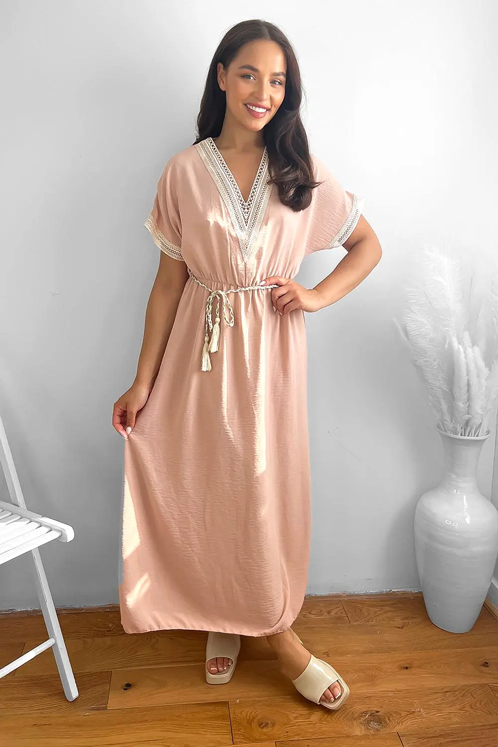 Cotton Lace Trims And Braided Belt Summer Maxi Dress