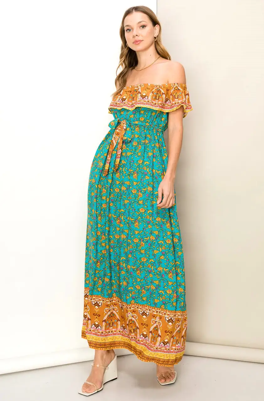 DANCE WITH ME BORDER PRINT STRAPLESS MAXI DRESS