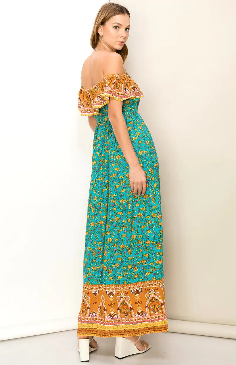 DANCE WITH ME BORDER PRINT STRAPLESS MAXI DRESS