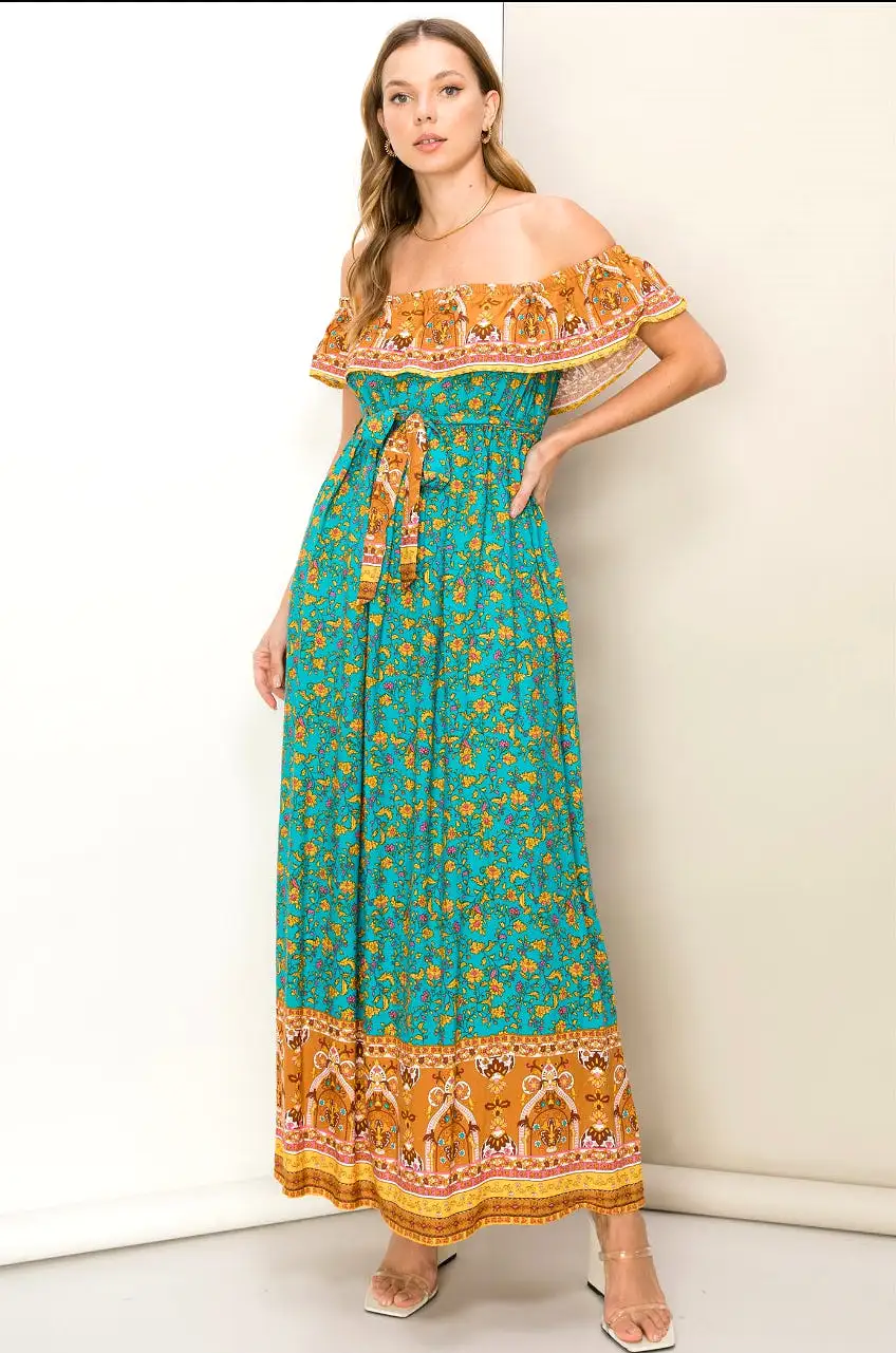 DANCE WITH ME BORDER PRINT STRAPLESS MAXI DRESS