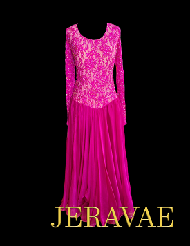 Dark Pink Smooth Ballroom Consignment Dress with Lace Bodice and Long Sleeves, Scoop Neck, and Stoning Details Sz L Smo206