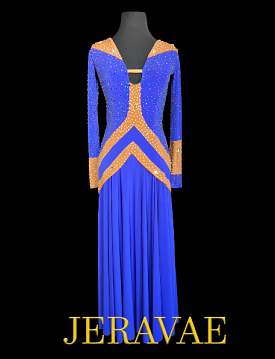 Deep Blue Long Sleeve Smooth Ballroom Dress with Caramel Accents, Stones, Soft Hem, and Semi-Open Back Sz S Smo215