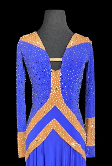 Deep Blue Long Sleeve Smooth Ballroom Dress with Caramel Accents, Stones, Soft Hem, and Semi-Open Back Sz S Smo215