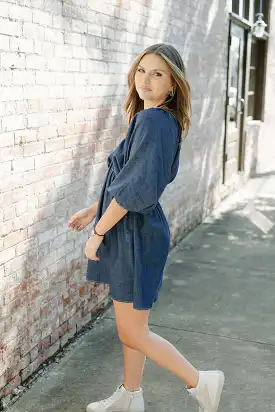 Denim V Neck Mini Dress