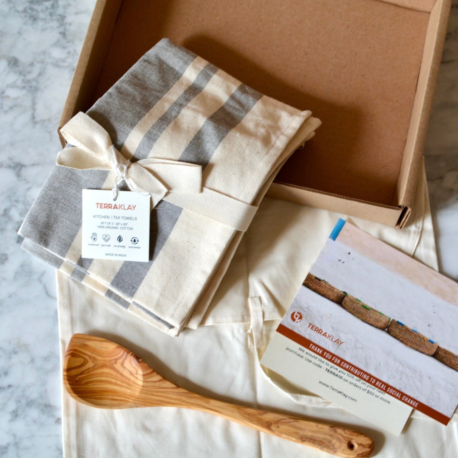 Dish Towel Set With Olive Wood Spoon Gift