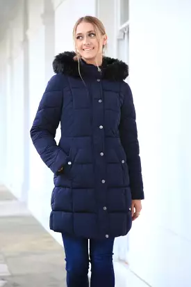 Double Second Navy Long Puffer With Fur Collar