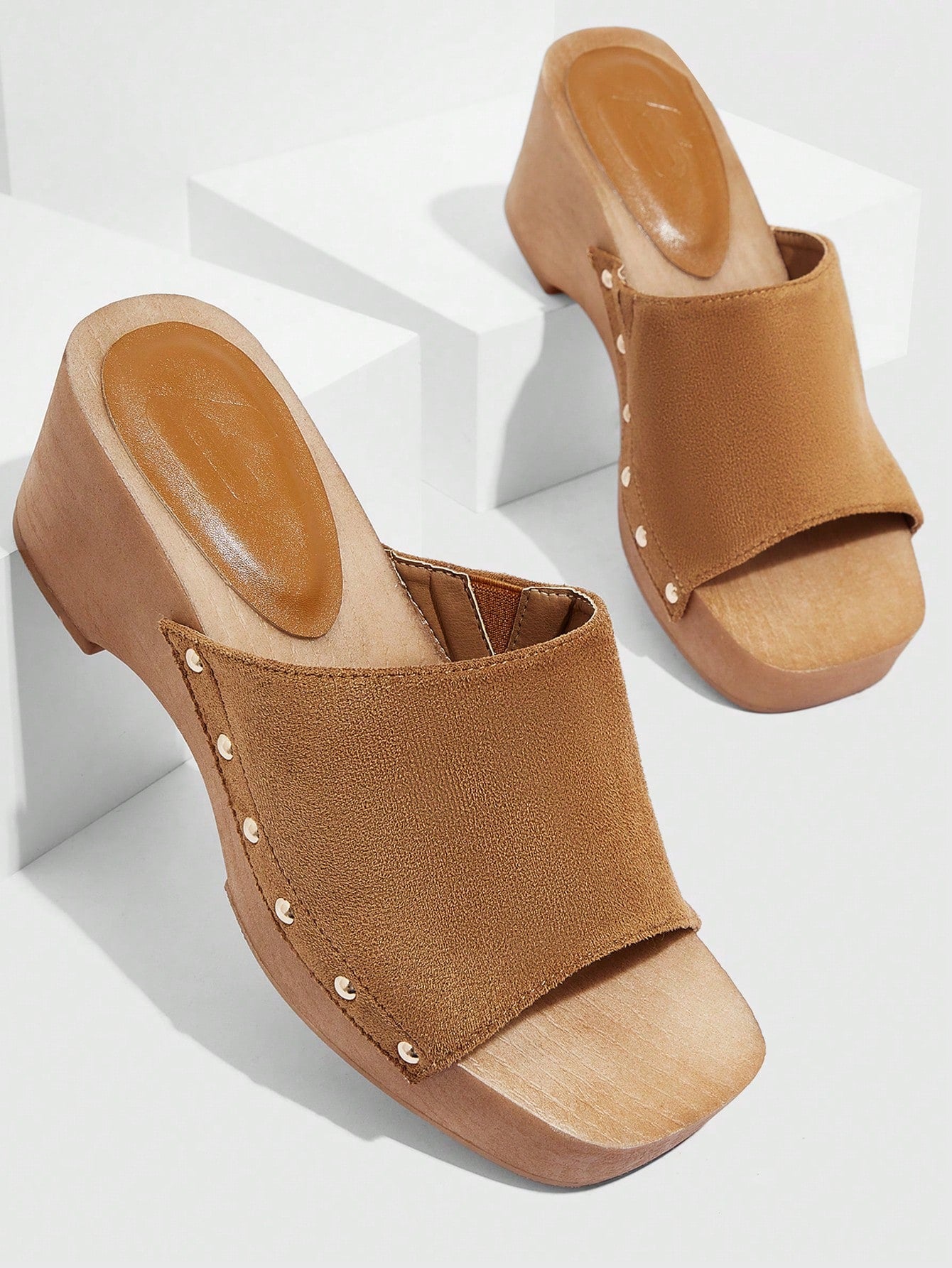 Elegant Brown Wedge Slide Sandals For Woman Shoes, Studded Decor Stitch Detail Sandals For Spring And Summer