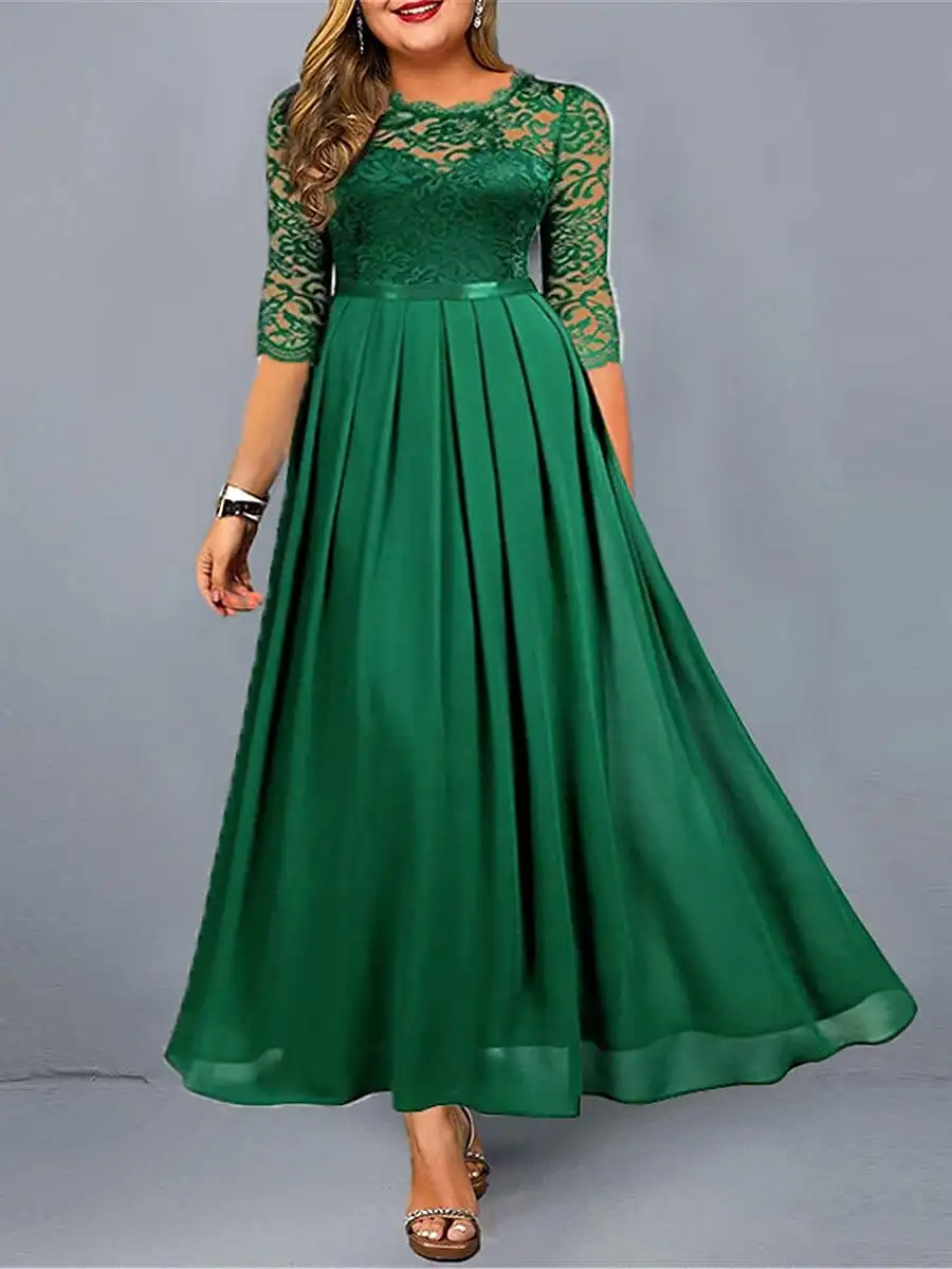 Elegant Plus-Size Lace Party Maxi Dress with 3/4 Sleeve