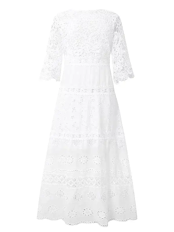 Elegant White Lace Maxi Dress with V-Neck and 3/4 Sleeves - Sizes S-XXL