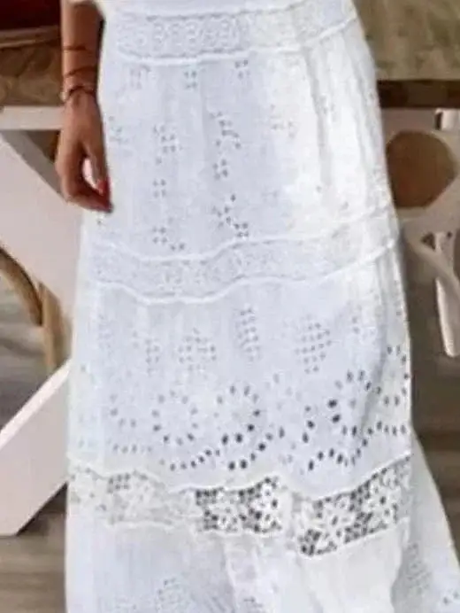 Elegant White Lace Maxi Dress with V-Neck and 3/4 Sleeves - Sizes S-XXL