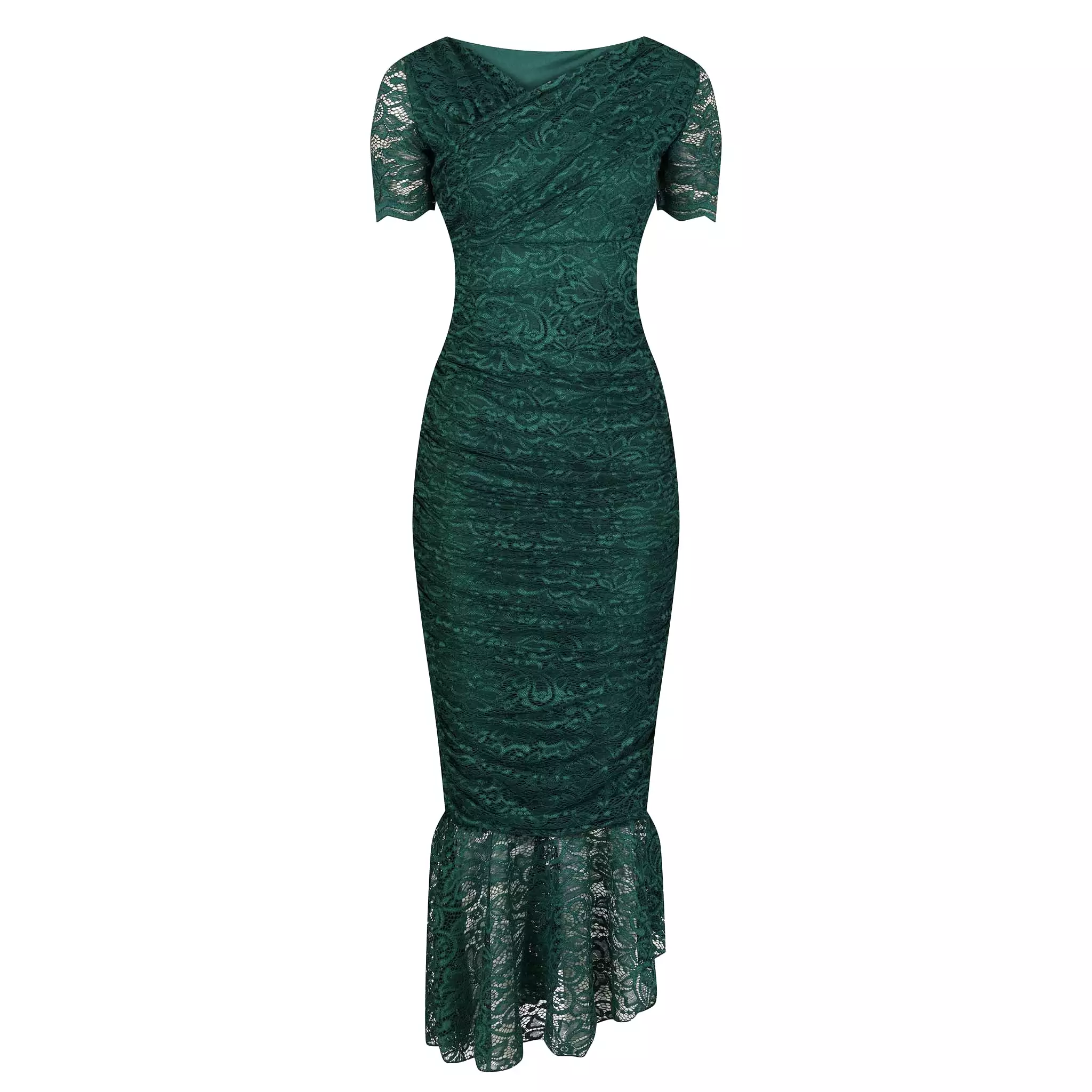 Emerald Green Ruched Lace Maxi Dress