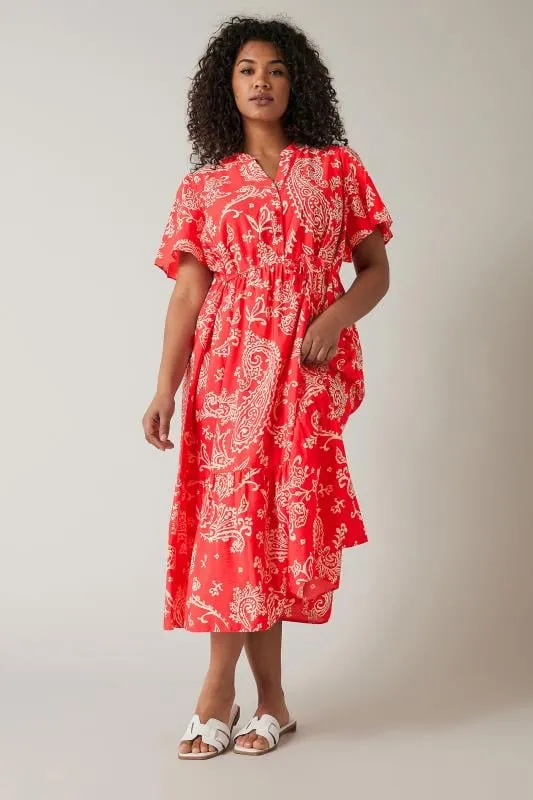 EVANS Curve Red & White Paisley Print Midi Shirt Dress