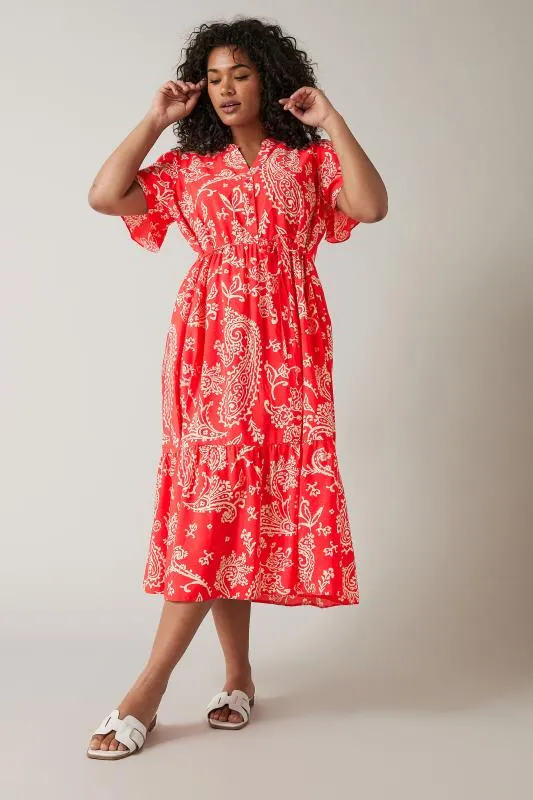 EVANS Curve Red & White Paisley Print Midi Shirt Dress