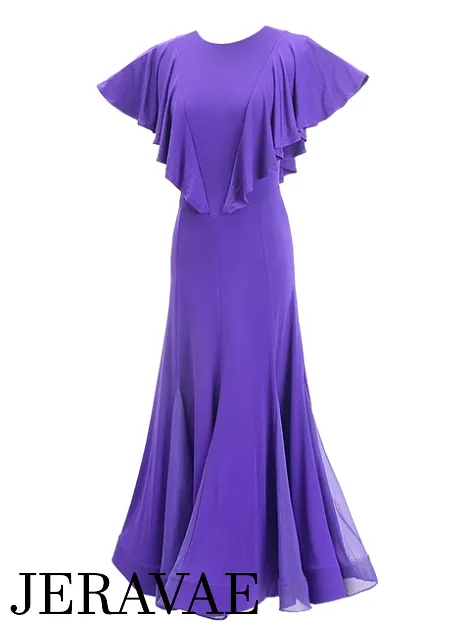 Flutter Sleeve Ballroom Practice Dress with Peekaboo Back, Horsehair Hem, and Chiffon Godets PRA 722 in Stock