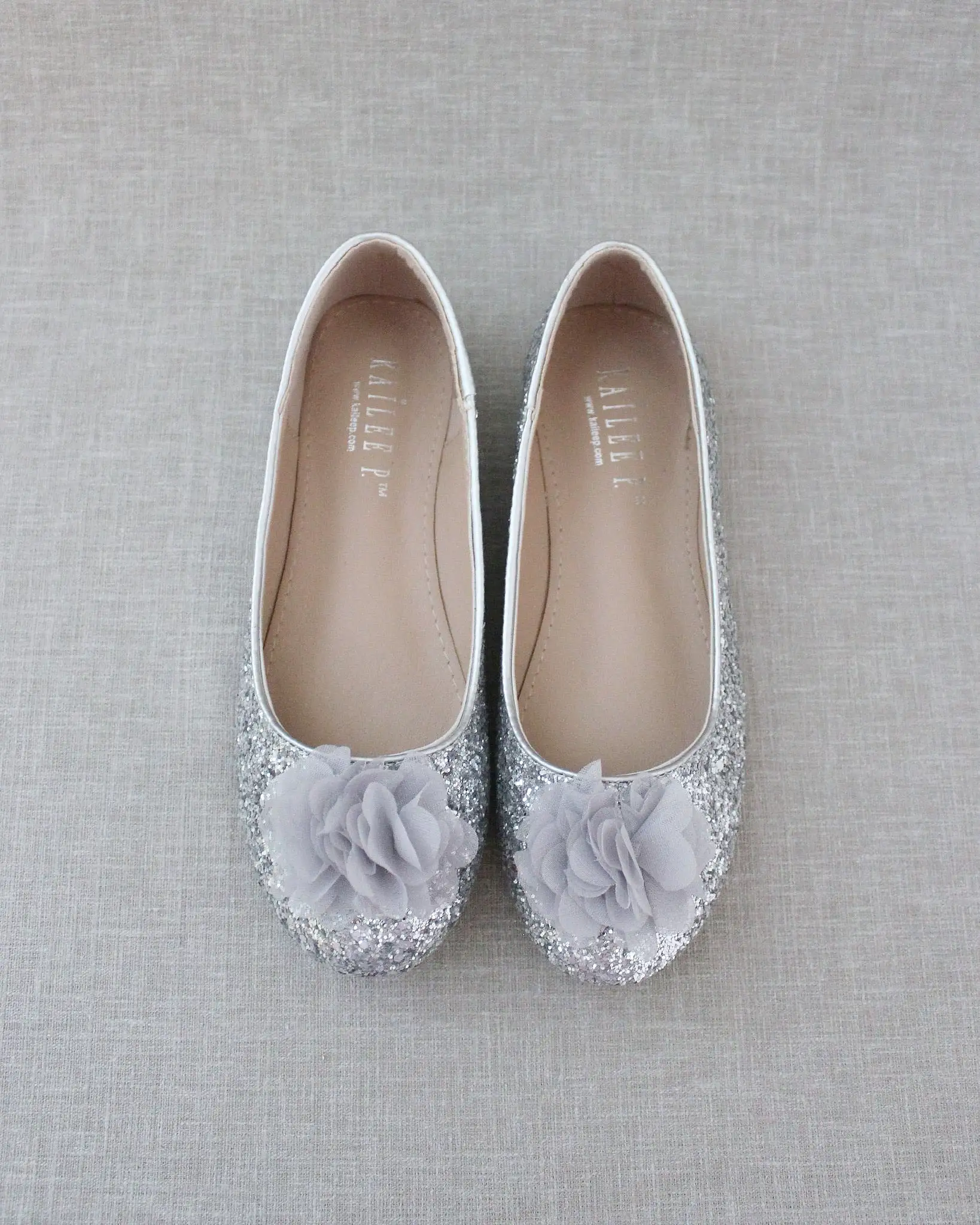 Glitter Round Toe Evening Flats with Chiffon Flowers