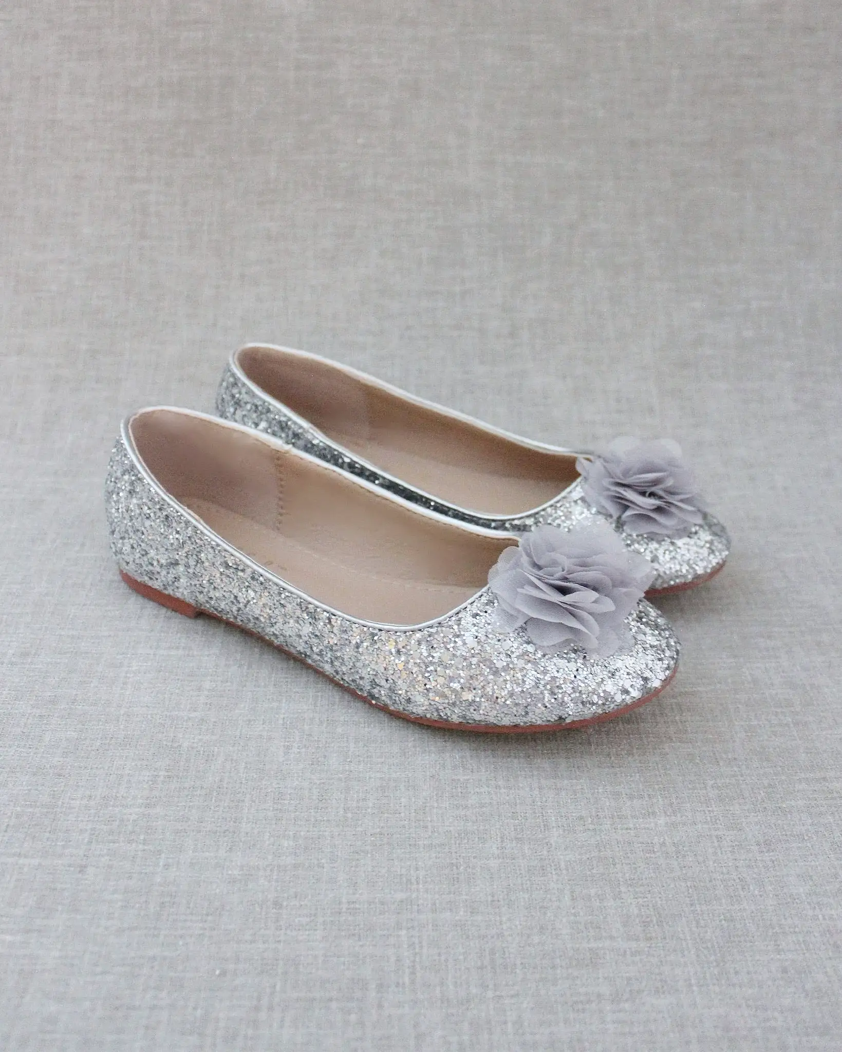 Glitter Round Toe Evening Flats with Chiffon Flowers