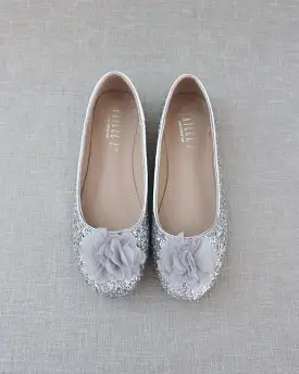 Glitter Round Toe Evening Flats with Chiffon Flowers