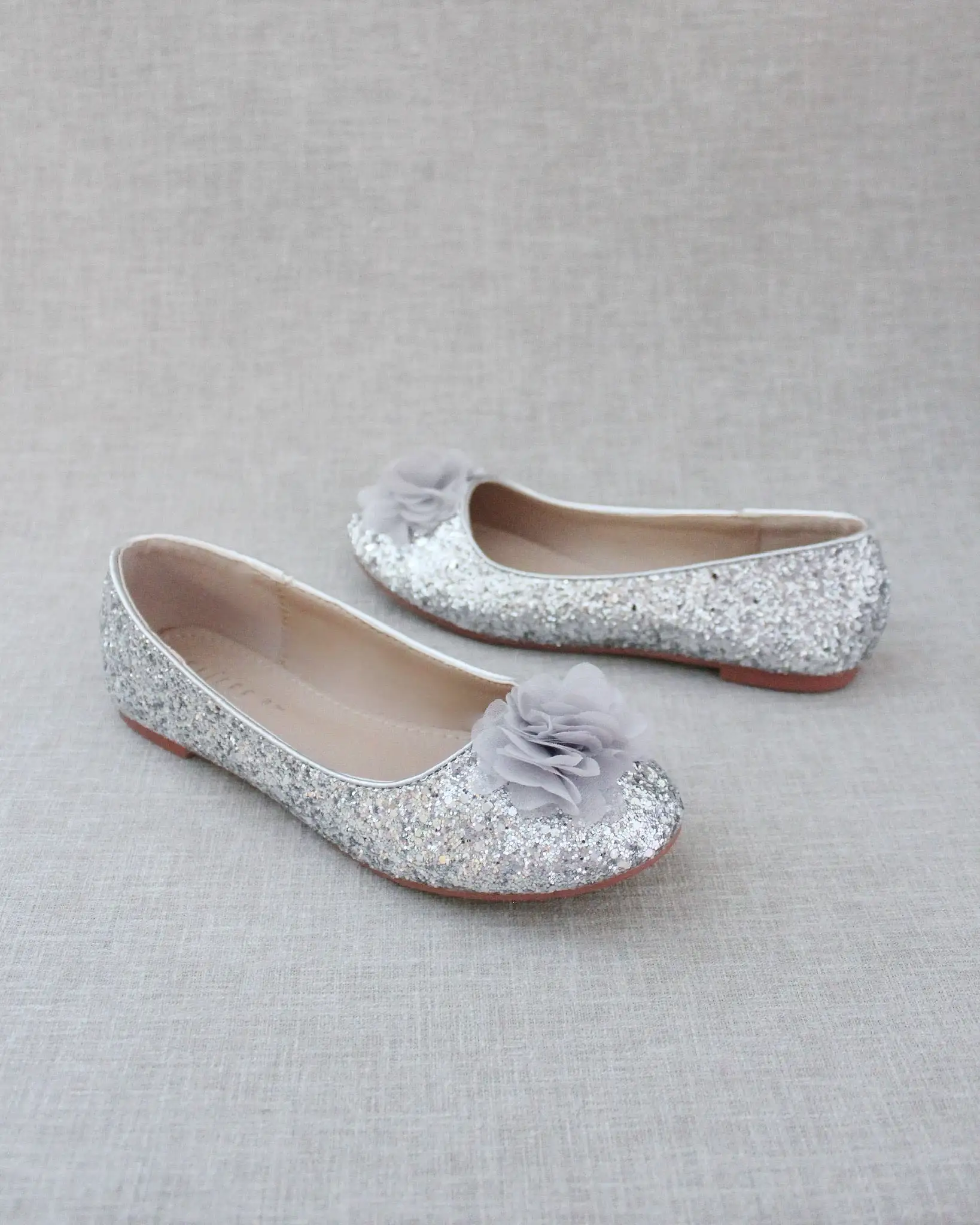 Glitter Round Toe Evening Flats with Chiffon Flowers