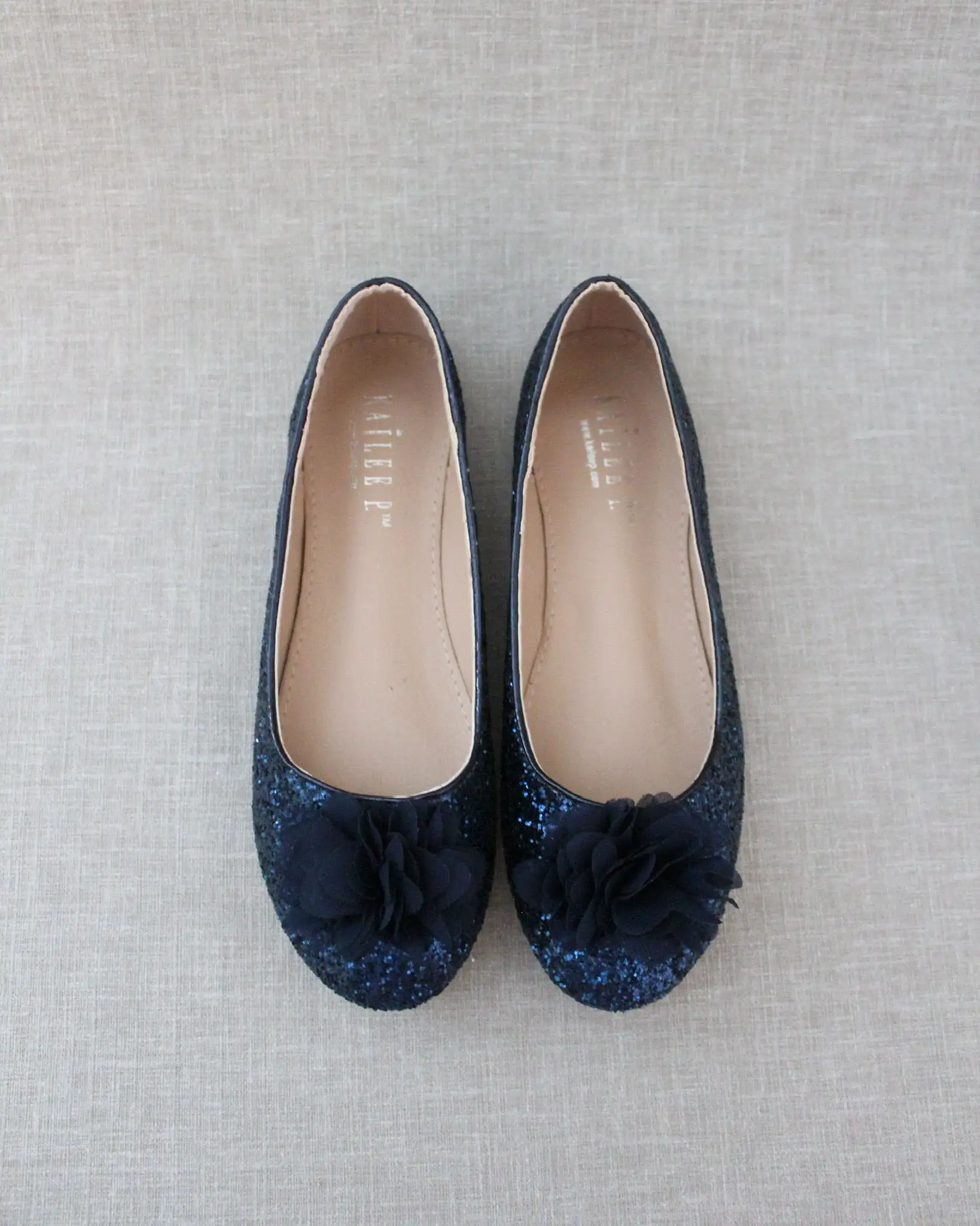 Glitter Round Toe Evening Flats with Chiffon Flowers